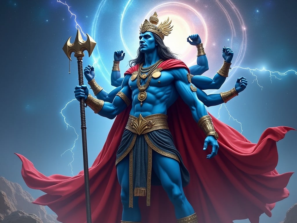 A powerful, multi-armed deity in a cosmic setting wielding a trident, surrounded by lightning and celestial elements.