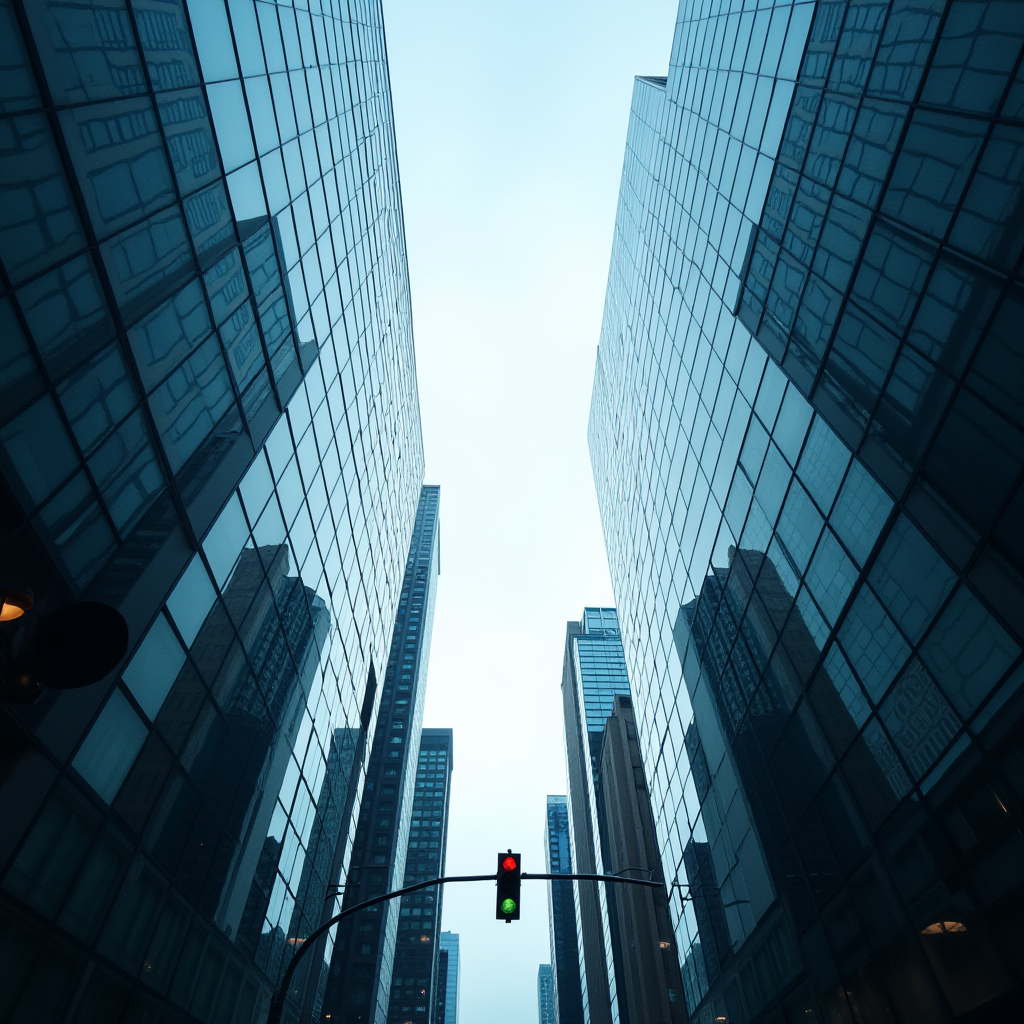 Skyscrapers with glass windows line a city street under a red traffic light.