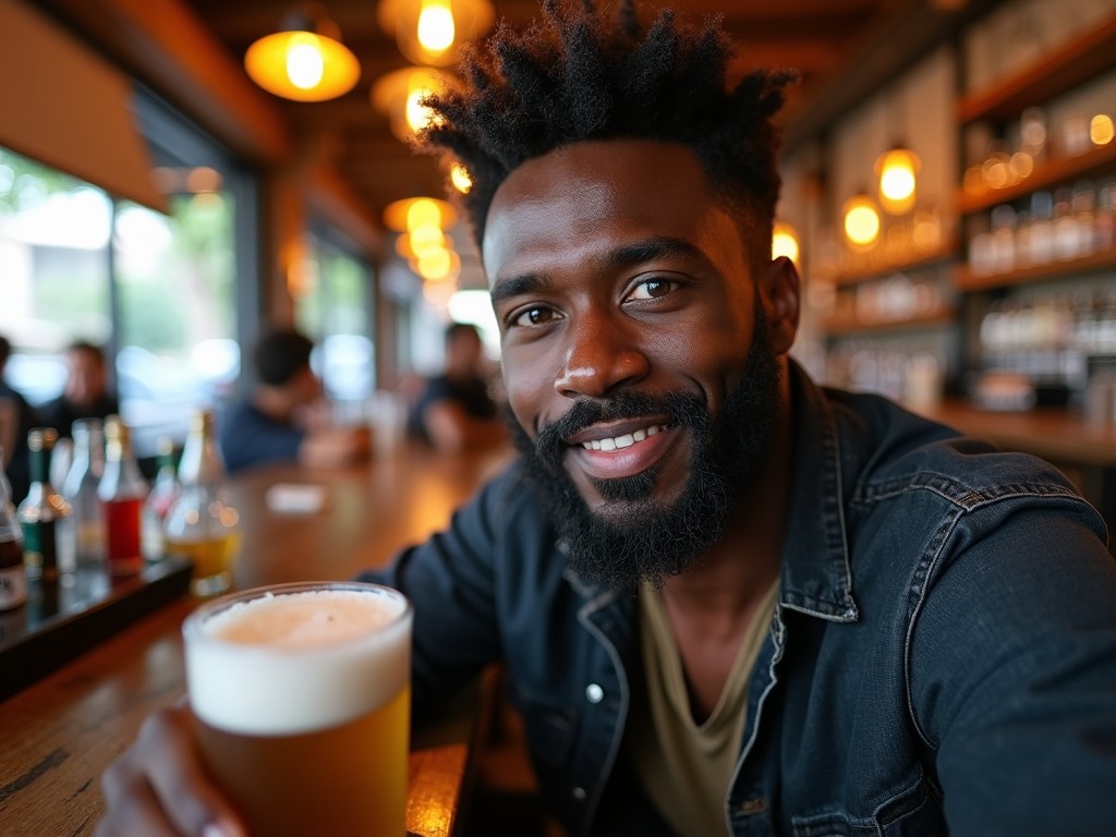 This image features a man enjoying beer at a bar during the morning. He has a cheerful expression, showcasing his enjoyment of the drink. The warm ambiance of the bar, with soft lighting and wooden decor, adds to the inviting setting. In front of him is a frothy glass of beer, highlighting the beverage's appeal. The overall mood exudes relaxation and social interaction.