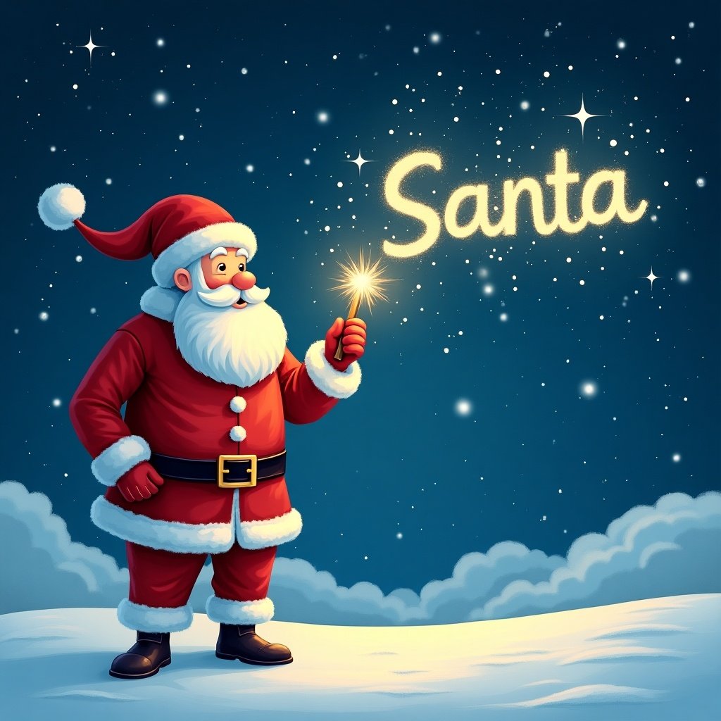 This image features Santa Claus in a bright red outfit with a fluffy white beard. He stands on a snowy landscape at night. In his hand, he holds a sparkler that creates the word 'Santa' in golden light in the sky. The background is navy blue with a few clouds and twinkling stars. Santa has a joyful expression, radiating holiday cheer. The scene captures the spirit of Christmas and the magic of Santa. It's perfect for festive illustrations or holiday-themed marketing.