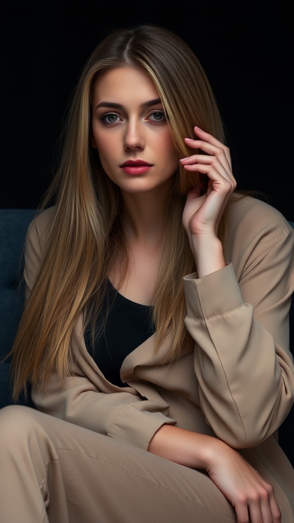 A woman in a beige suit exudes sophistication against a dark backdrop.