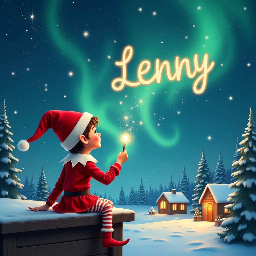 An elf sits on a wooden ledge with its back to the camera, gazing at a magical sky. Dressed in a red outfit with a pointed hat, the elf holds a sparkling wand. With the wand, the elf writes the name 'Lenny' in the starry sky. The scene is painted with a snowy landscape, charming little houses, and evergreen trees under shimmering Northern Lights. This whimsical depiction captures the essence of childhood magic and Christmas cheer. The elf elegantly adds the names 'Natasha' and 'Ada' in the same starry sky, enriching the magical atmosphere.