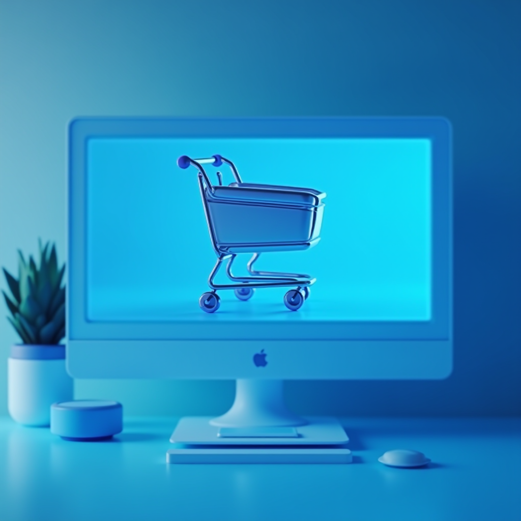 A shopping cart is shown on a computer screen in a minimalist, blue-toned setup.