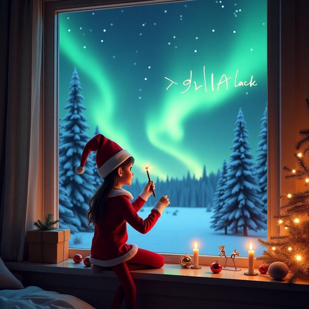 The image features a girl elf on the shelf, positioned with her back to the viewer. She gazes out of a window into a magical Christmas night. Using a wand, she writes 'Delilah I'm back x' in the sky. The backdrop showcases the Northern Lights in vibrant hues. Outside, snow-covered trees create a beautiful winter wonderland. The cozy room is decorated for Christmas, adding to the festive spirit.