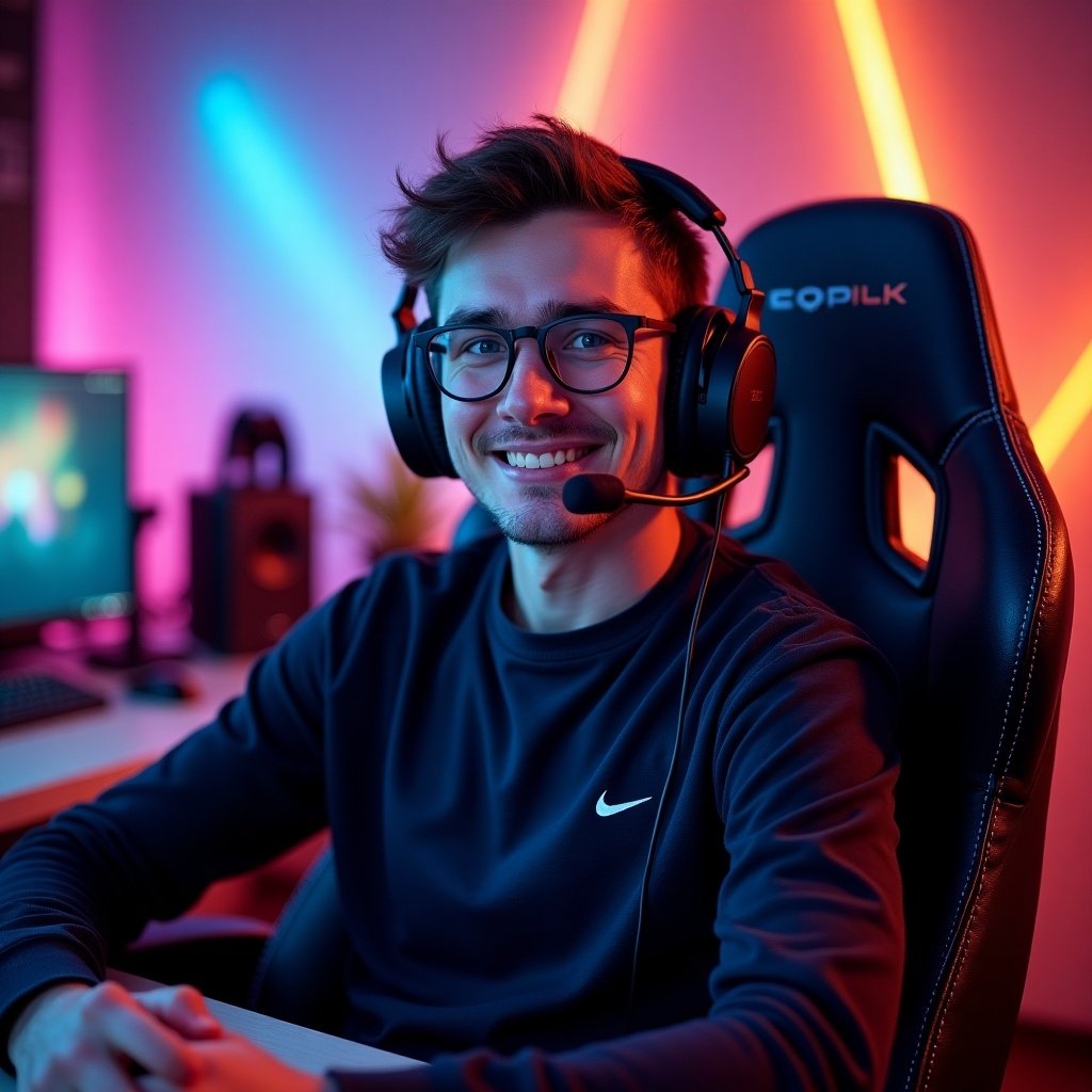 A young gamer sits confidently in a gaming chair, wearing a headset and a big smile. The background is illuminated with colorful neon lights creating a vivid atmosphere. He has a focused yet relaxed demeanor, indicating enjoyment of the gaming experience. On his desk, a gaming monitor displays something engaging, hinting at the world of competitive gaming. This scene captures the essence of modern gaming culture and community.