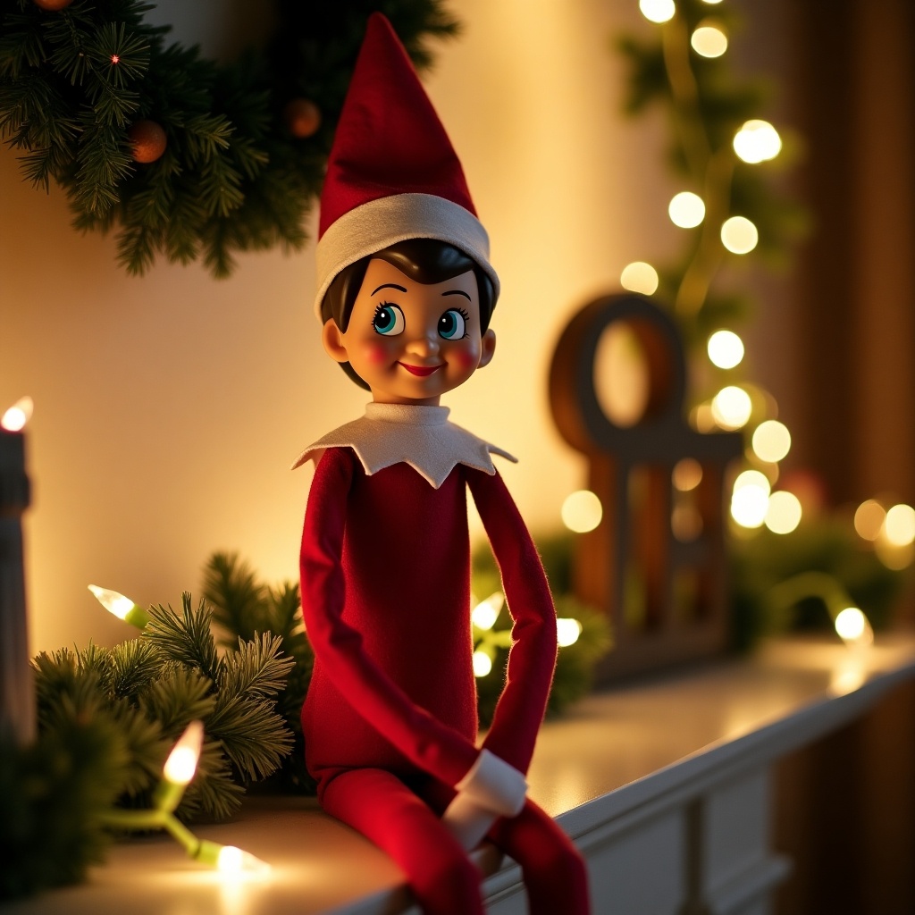 The image features a cheerful elf on the shelf named Lee, sitting on a mantel. He is dressed in a classic red outfit with a white collar and hat, sporting a friendly smile that captures the magic of the holiday season. Surrounding Lee are festive decorations, including a wreath and bright Christmas lights that create a warm ambiance. The background is softly illuminated with glowing lights, enhancing the cozy holiday feel. This scene embodies the spirit of Christmas and family traditions, inviting joy and nostalgia.