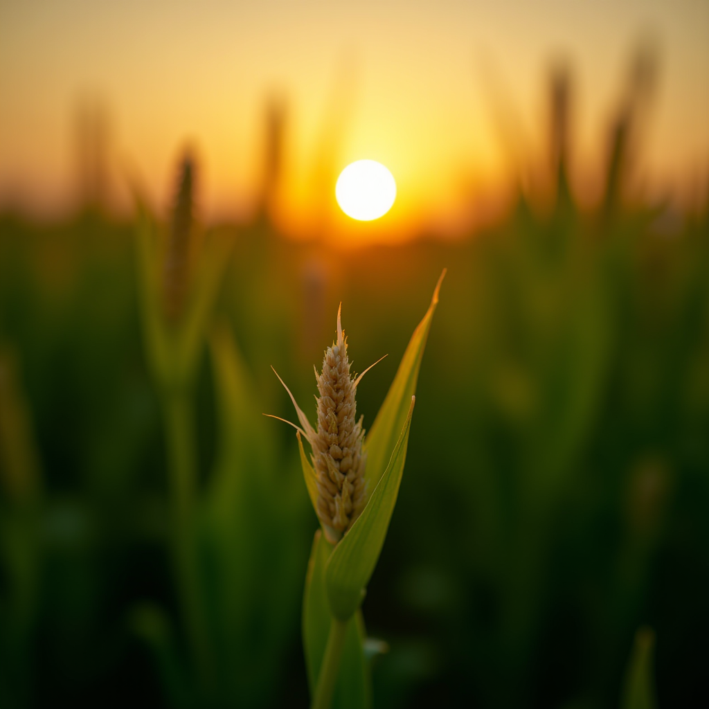 A corn plant stands tall against a sunset backdrop, with a warm, glowing sky.