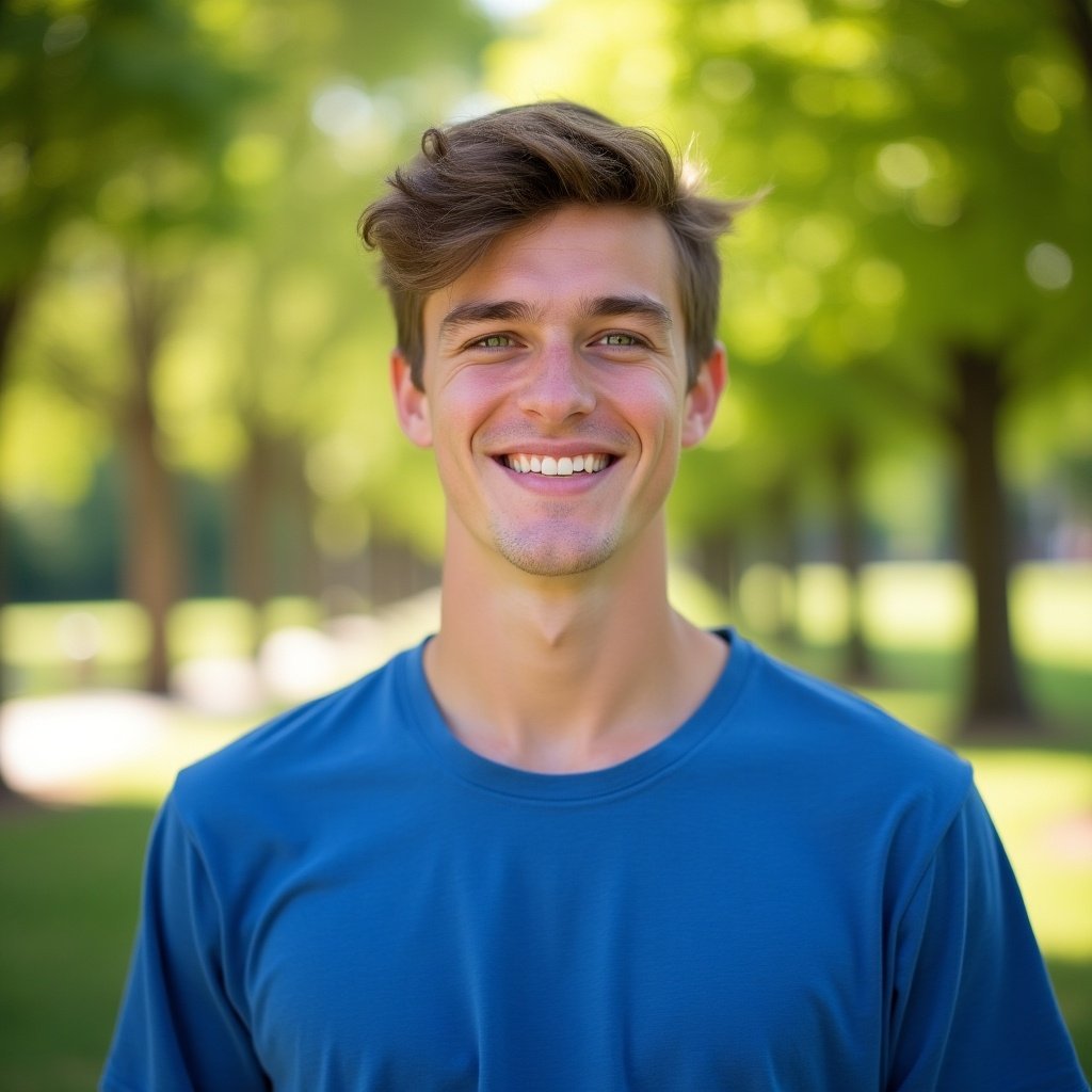 This image features a young man with a charming smile, standing outdoors amidst vibrant greenery. He is dressed in a blue t-shirt that complements the lush background, creating a fresh, lively atmosphere. The soft natural lighting enhances his friendly expression, making him appear approachable and energetic. The setting suggests a relaxed summer day, perfect for outdoor activities or fitness. This portrait captures the essence of youth and vitality, making it ideal for health and lifestyle promotions.