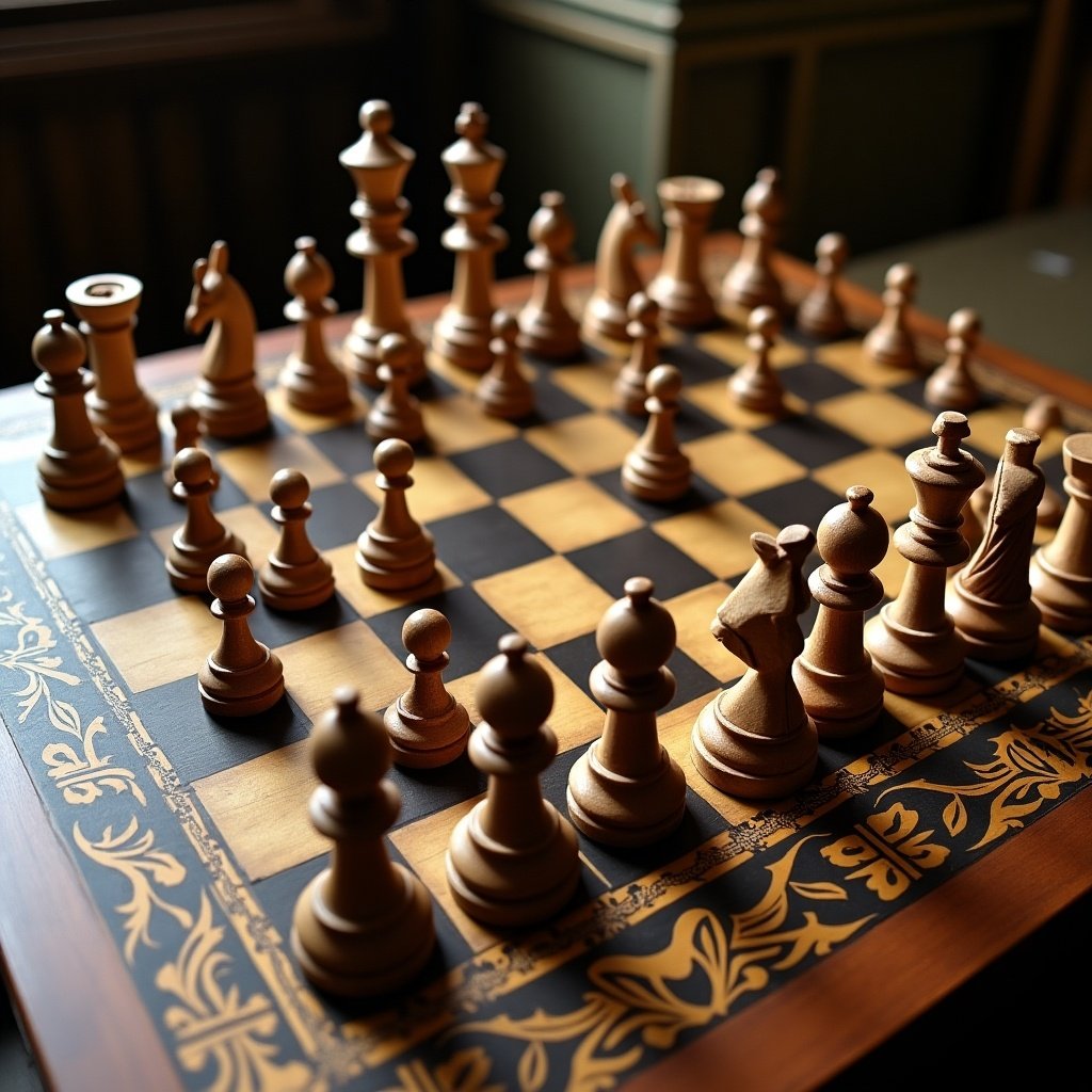 The image depicts a beautifully crafted wooden chess board, complete with intricately designed chess pieces placed in their starting positions. The board features a rich brown color with black accents and gold detailing, adding an elegant touch. The lighting highlights the smooth texture of the pieces and the wood grain of the board. It's set on a table with a cozy indoor background, suggesting a thoughtful and strategic atmosphere. This scene invites viewers to engage in the timeless game of chess, emphasizing its legacy as a classic intellectual challenge.