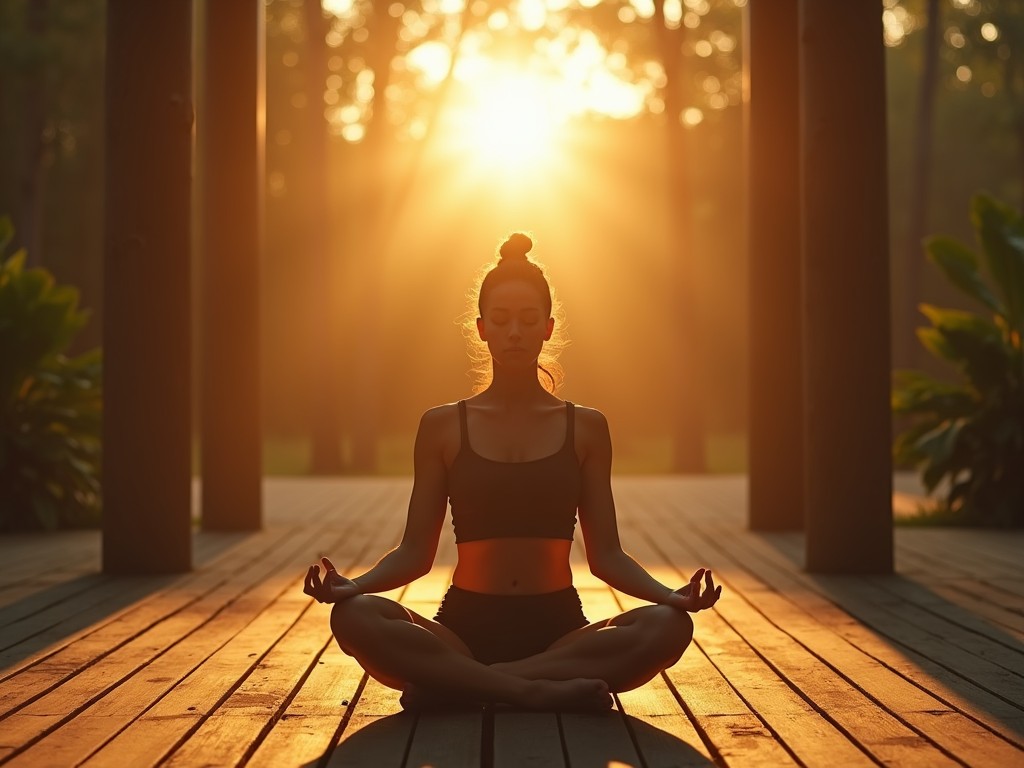 A person meditates in a serene setting during sunrise, capturing a moment of calm and tranquility.