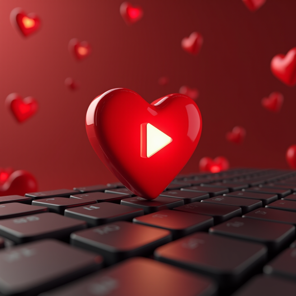 A red heart with a play button symbol sits on a keyboard, surrounded by floating hearts.