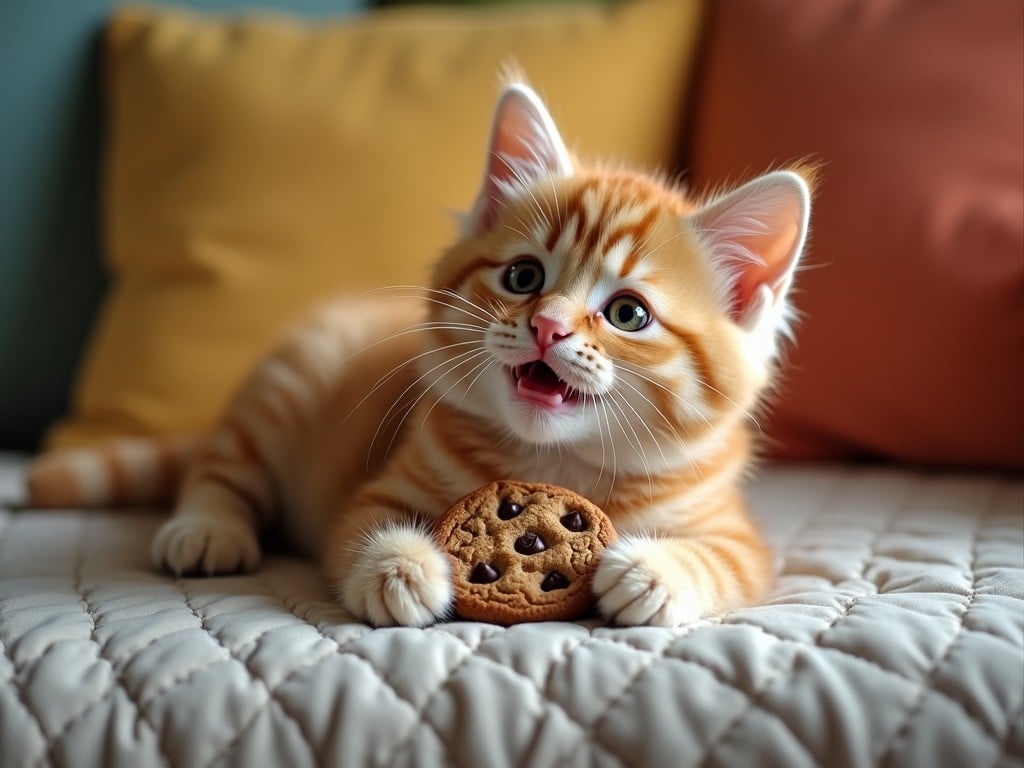 A cute orange kitten playfully holding a chocolate chip cookie on a quilted blanket, with colorful pillows in the background.