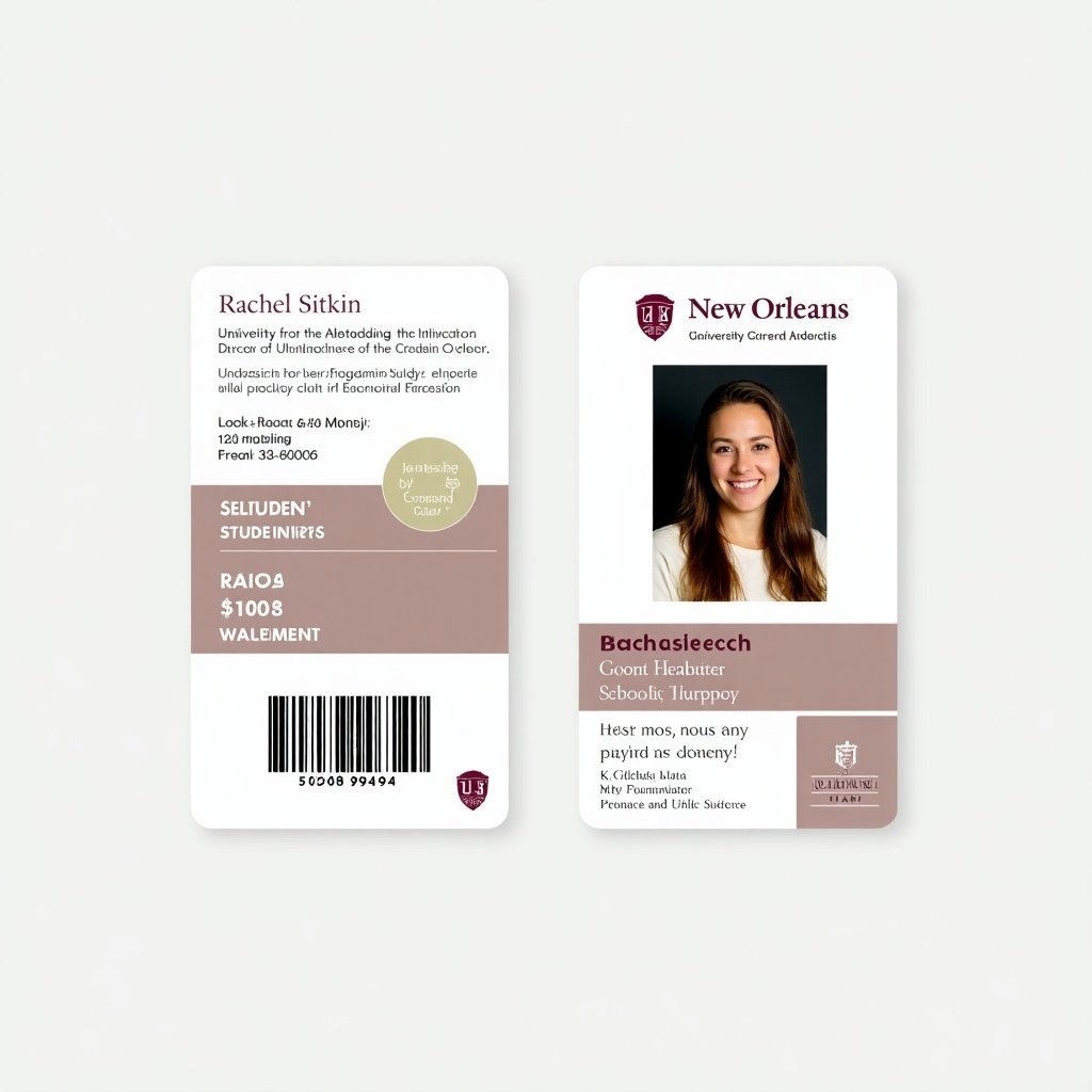 This image showcases a student ID card layout for a university in New Orleans. The ID features a smiling young woman, identified as Rachel Sitkin, on one side. It includes her student number, program of study, and university branding. The overall design reflects a clean and professional aesthetic suitable for educational institutions. The minimalistic background allows the text and photo to stand out prominently, conveying a sense of belonging within the academic community.