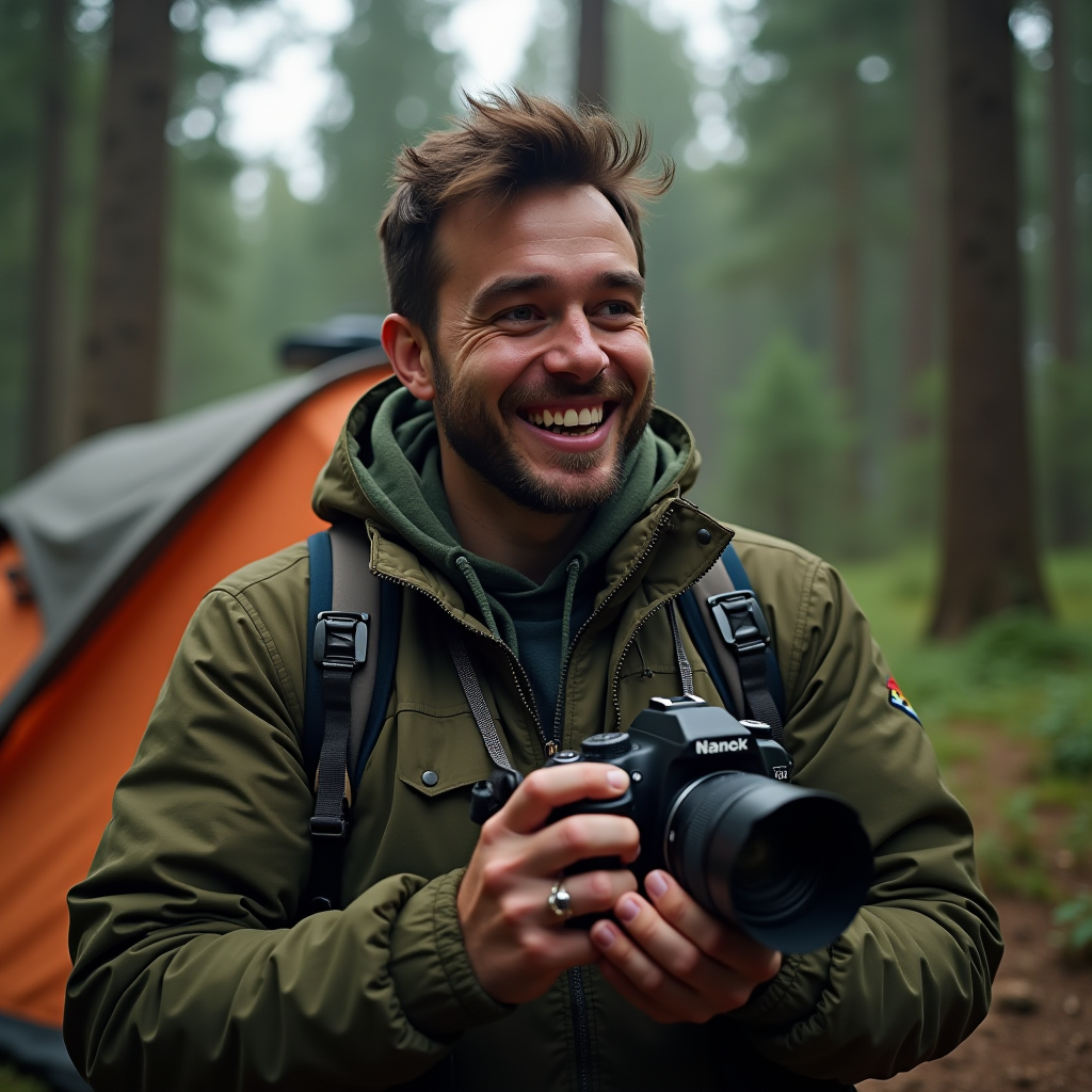 A smiling person in a green jacket holding a camera stands in a forest near a tent.