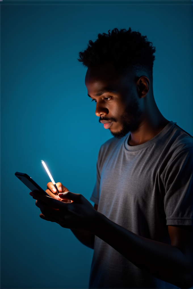 A man intensely looks at a glowing phone stylus in his hand against a dark, moody background.