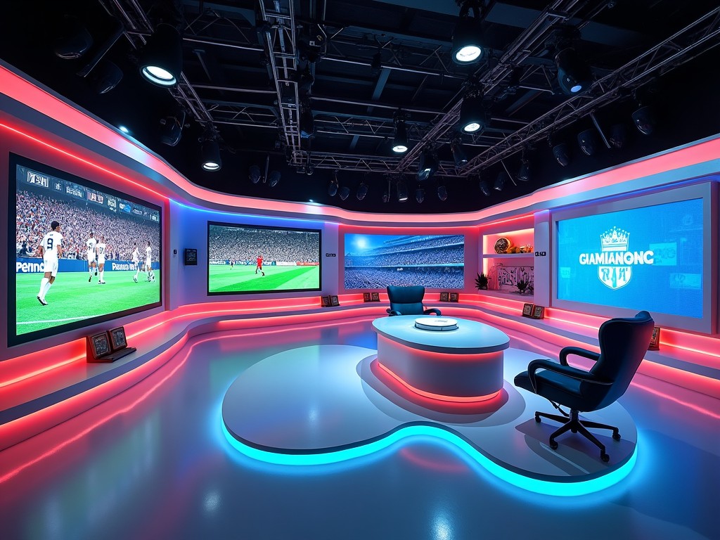 The image captures an advanced sports TV show studio decor, featuring curved walls illuminated with vibrant lights. Two large screens display live sports events, creating an immersive atmosphere. A sleek, modern chair is positioned in front of a circular table, inviting hosts to engage with viewers. The color scheme of blue and pink lighting enhances the dynamic environment of the studio. Overhead lighting adds a polished touch, making the studio appear cutting-edge and professional.