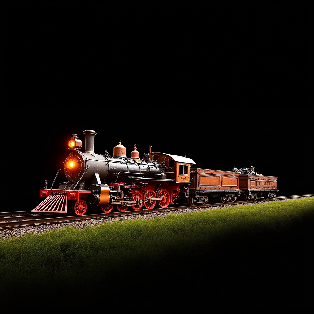 A vintage steam locomotive illuminated against a dramatic dark background.