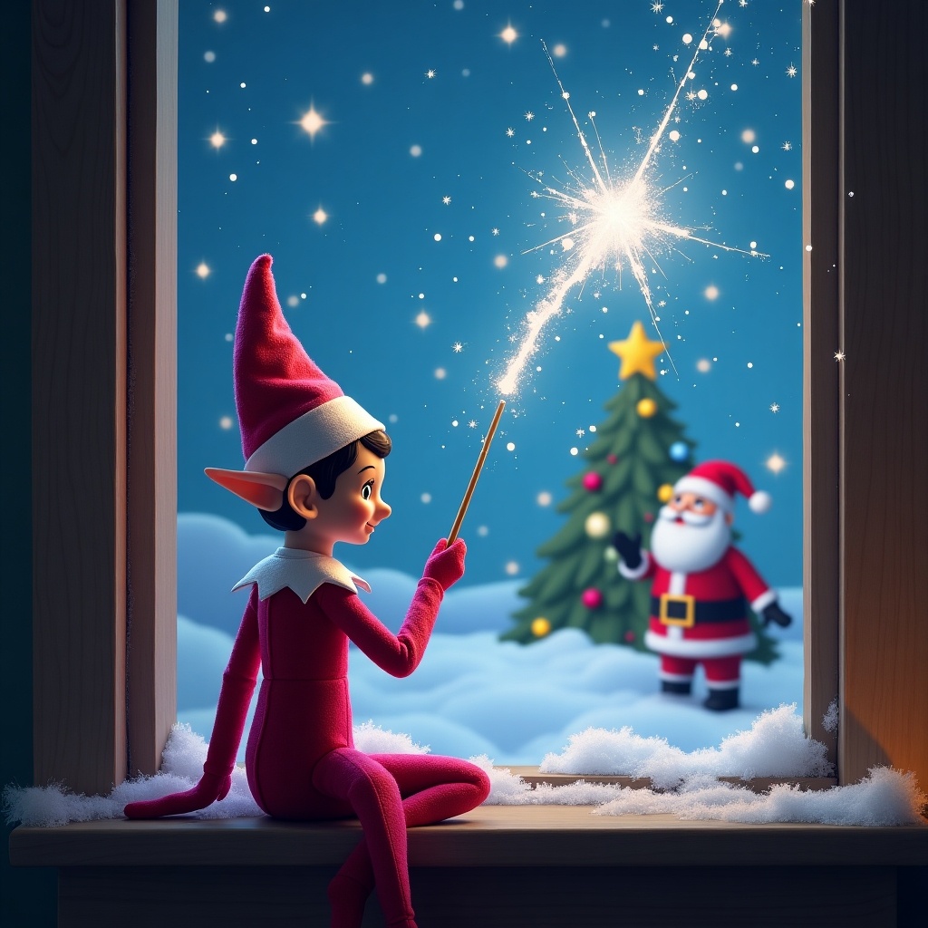 The image features a pink elf on the shelf, seated with his back to the viewer, looking up at a starry sky. He is using a magical wand to write the name 'Patrick' in sparkling letters above. The background reveals a beautifully decorated Christmas tree under the northern lights, with Santa Claus in the distance. The atmosphere is whimsical and festive, capturing the magic of the holiday season. Snow blankets the window ledge, contributing to the winter wonderland feel.