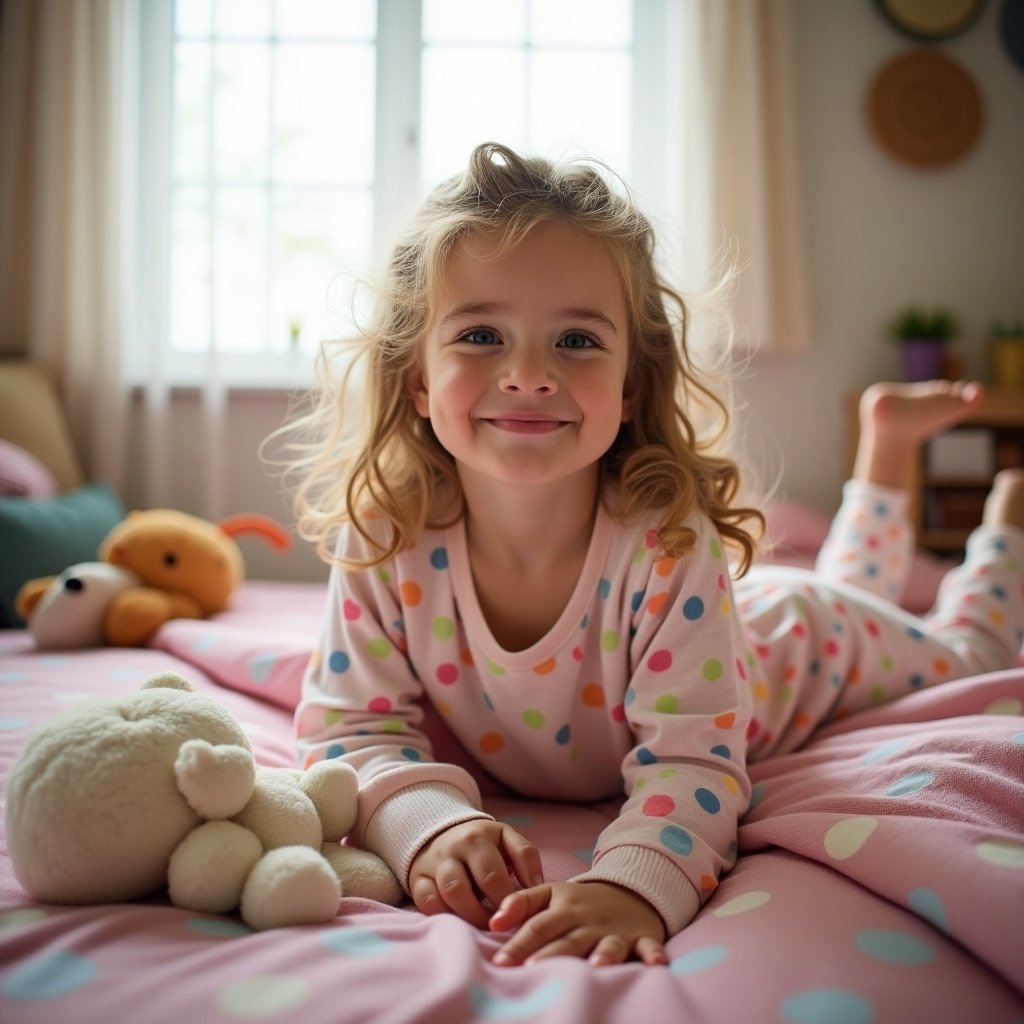 A cheerful young girl is lying on her stomach on a pastel pink bedspread, wearing polka dot pajamas. She has curly hair and a bright smile, holding a fluffy teddy bear in her hands. The room is softly illuminated by natural light coming from the window, creating a warm, inviting atmosphere. In the background, there are colorful plush toys and a cozy decor. This scene captures a moment of carefree childhood happiness and innocence.