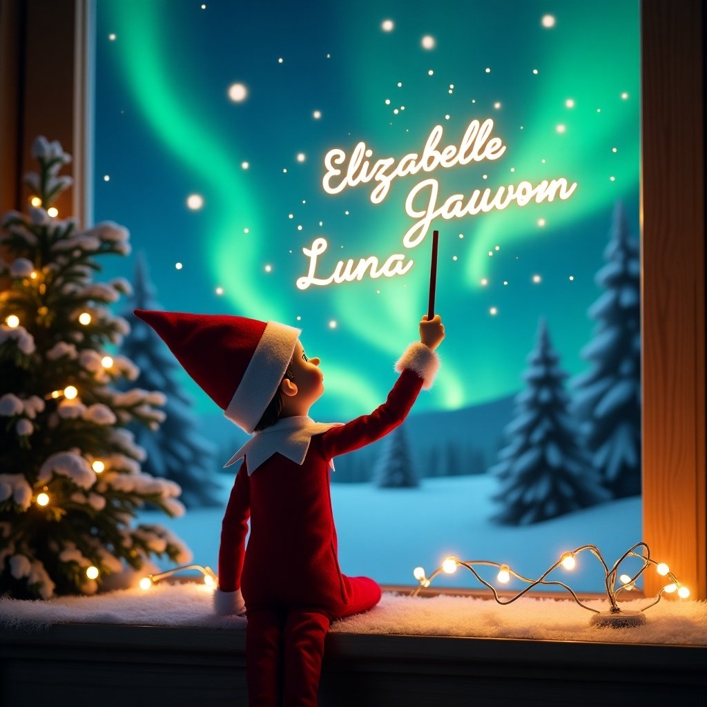 This enchanting Christmas scene showcases an elf on the shelf, dressed in classic red and white attire, facing the sky with his back to the viewer. Holding a magic wand, the elf writes names like 'Elizabelle', 'Jauven', 'Luna', and 'Elijah' in a glowing, whimsical script above. The background features vibrant northern lights, creating a magical ambiance perfect for the holiday season. Surrounding the elf are soft winter trees, all elegantly adorned with twinkling lights. The entire scene evokes a sense of wonder, embodying the festive spirit and excitement of Christmas.