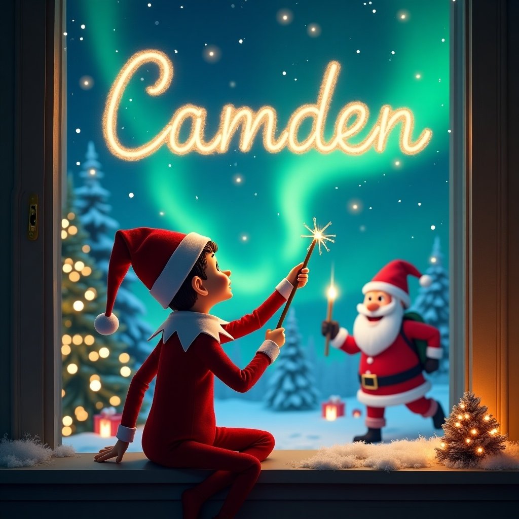 The scene captures a magical Christmas evening with an elf on the shelf. The elf is sitting with his back to the viewer, gazing up at the night sky. He is joyfully using a wand to elegantly write the name 'Camden' in glowing letters. In the background, Santa Claus waves, surrounded by a winter wonderland adorned with twinkling Christmas lights and trees. The sky is beautifully lit by the northern lights, creating a whimsical holiday atmosphere.