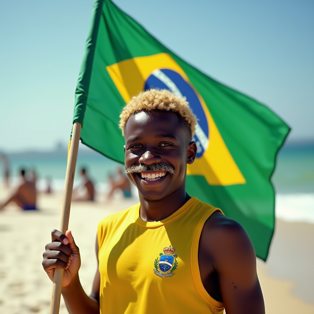 A smiling individual holds a Brazilian flag on a sunny beach.