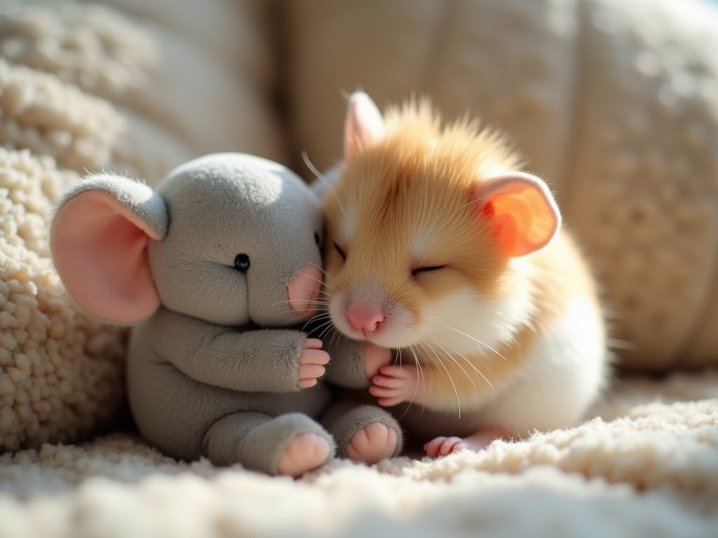 A cute baby hamster snuggling with a plush toy on a soft blanket, bathed in natural sunlight.