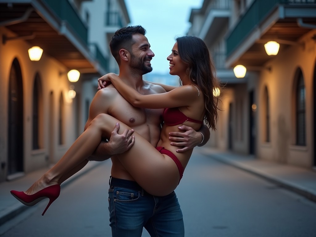 a couple in a romantic embrace on a city street, nighttime lighting