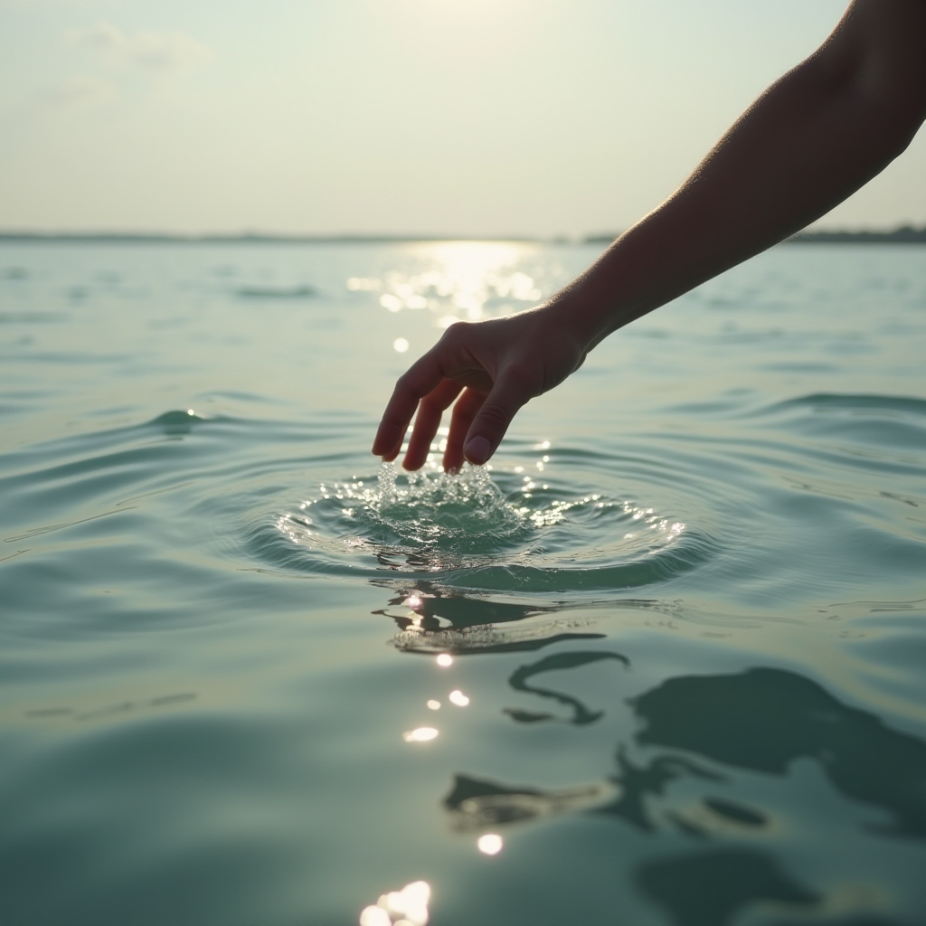 A hand gently touches the tranquil surface of water, creating ripples under the soft glow of a setting sun.