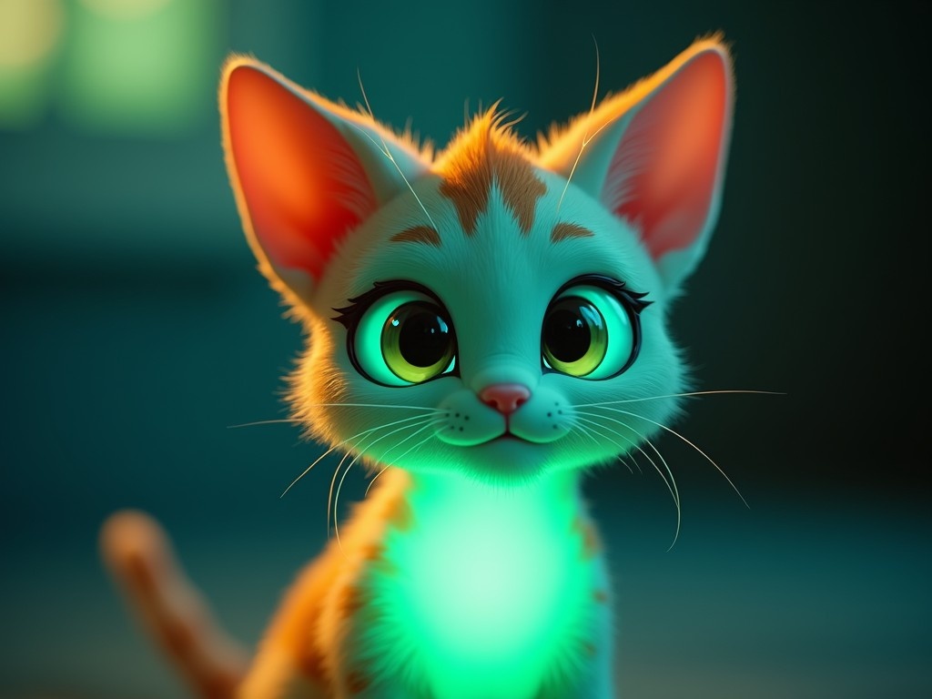 A digital illustration of an adorable kitten with large, expressive eyes and glowing fur. The kitten's fluffy ears are bathed in warm light, contrasting with the cool tones of the surrounding background. The image evokes a sense of wonder and fantasy, enhanced by the soft, glowing aura around the kitten.