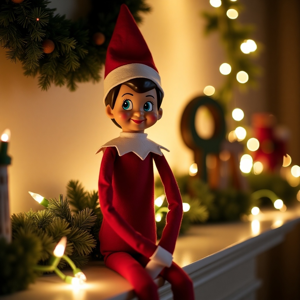 The image features a cheerful elf sitting on a mantel, dressed in a classic red outfit with a white collar and hat. His friendly smile captures the magic of the holiday season. Surrounding the elf are festive decorations like a wreath and twinkling Christmas lights, creating a warm ambiance. The background is softly illuminated, enhancing the cozy holiday feel. This scene perfectly embodies the spirit of Christmas and family traditions.