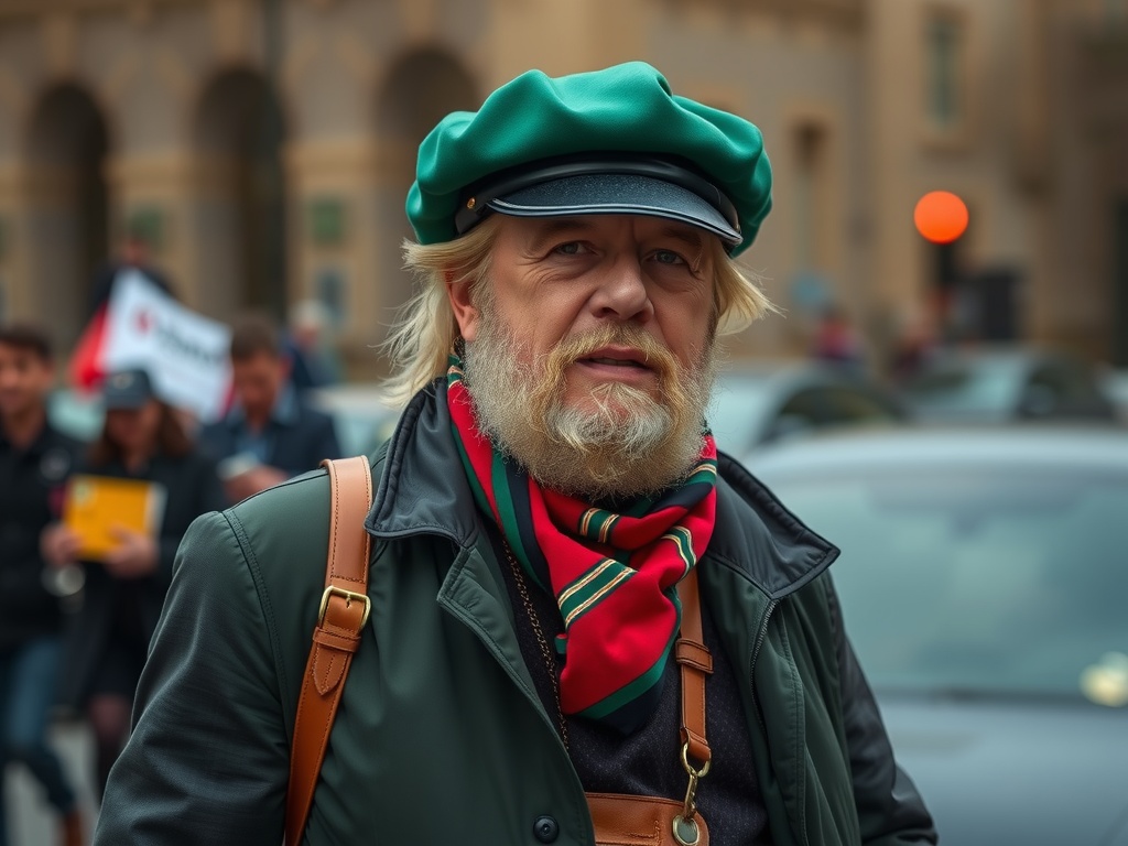 A bearded man wearing a green cap and colorful scarf stands on a bustling city street.