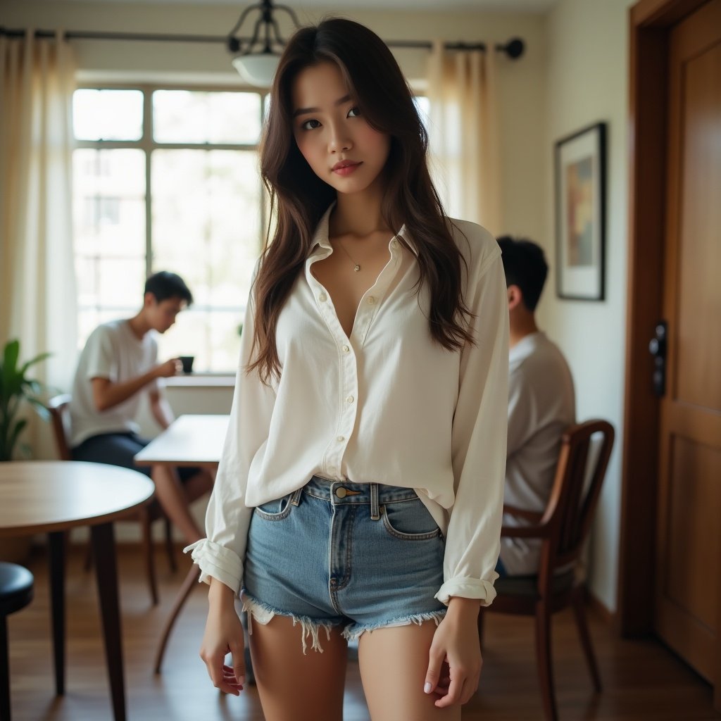 A pretty Asian girl stands beside a dining table, exuding a casual charm. She wears a slightly oversized white button-up shirt tucked into high-waisted shorts, adding a touch of sultriness to her style. The setting is homey, illuminated by natural light filtering through large windows. Behind her, a handsome Asian man enjoys a cup of coffee, subtly enhancing the relaxed atmosphere. This scene captures a blend of effortless allure with everyday life, making it relatable yet captivating.