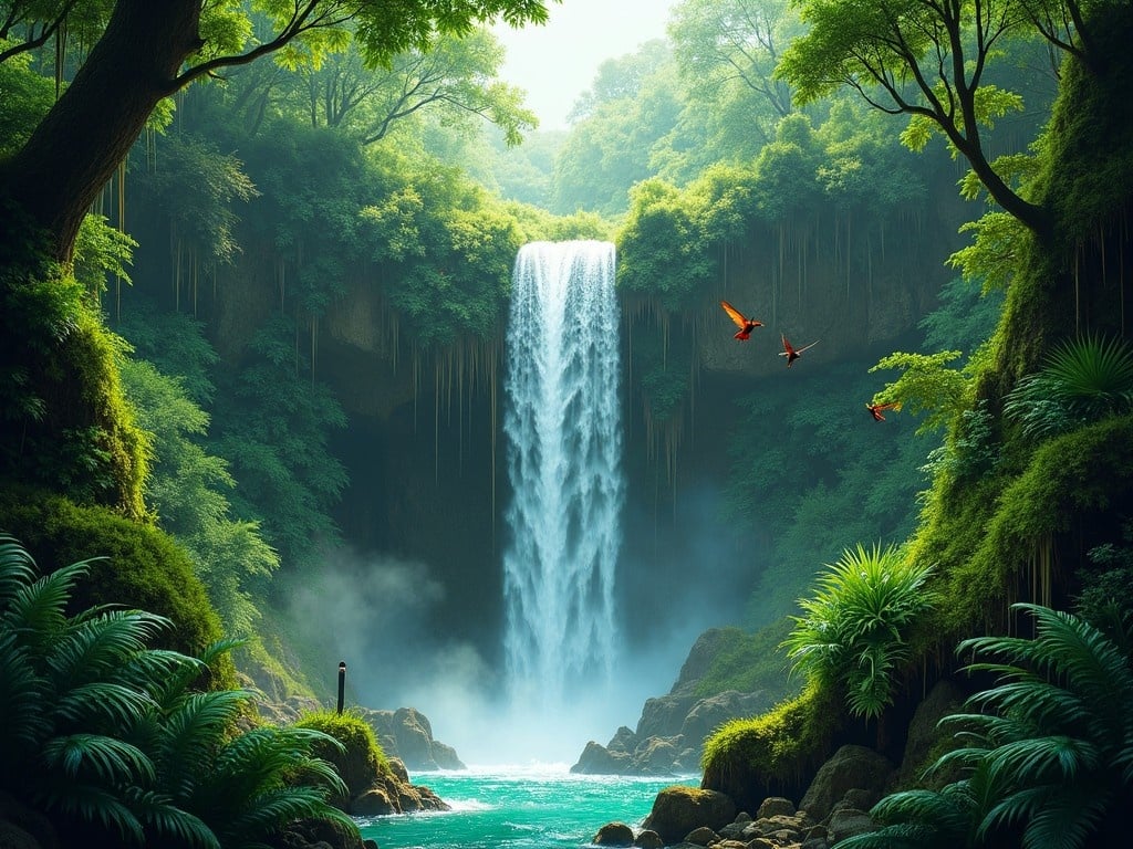 A lush tropical forest scene features a majestic waterfall cascading down a rocky cliff. The area is surrounded by thick, moss-covered trees and vibrant ferns. Brightly colored birds soar through the air, adding life and motion. The rich green hues and vivid details evoke a sense of tranquility and natural beauty. This enchanting landscape invites viewers to experience the serenity of nature. The soft light enhances the lushness of the setting, making it feel vibrant and alive. Such a picturesque environment inspires wonder and appreciation for the outdoors.