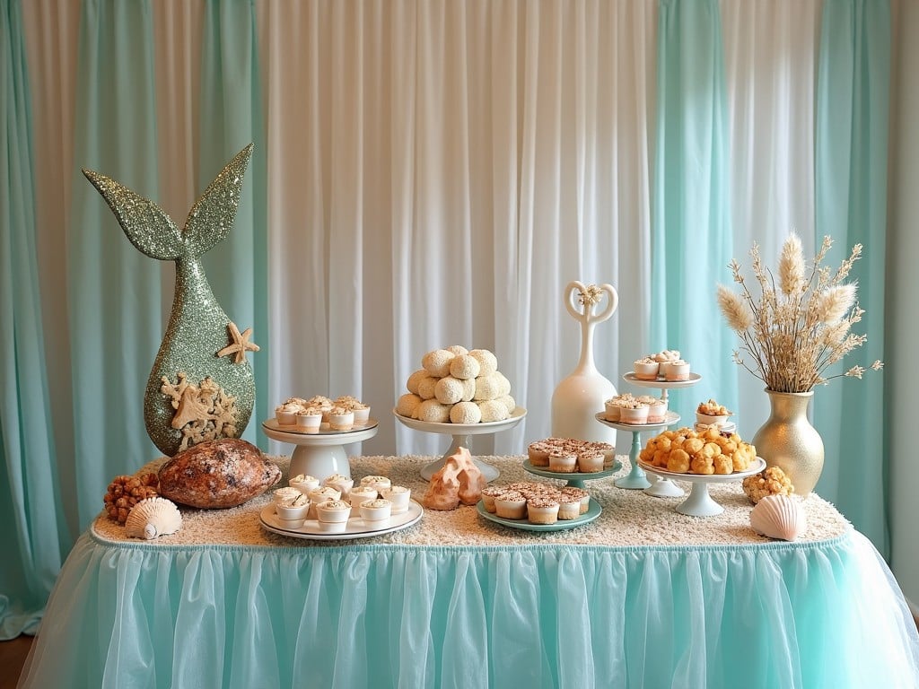 This image showcases a beautifully decorated food table inspired by ocean and mermaid themes. The color palette includes elegant shades of gold, white, light blue, light teal, and rose gold. Delightful desserts are artfully arranged on delicate stands, inviting guests to indulge. The backdrop features flowing fabric in complementary colors, enhancing the overall elegance of the setup. Nautical elements like a glittery tail and seashells add charm to the enchanting atmosphere.