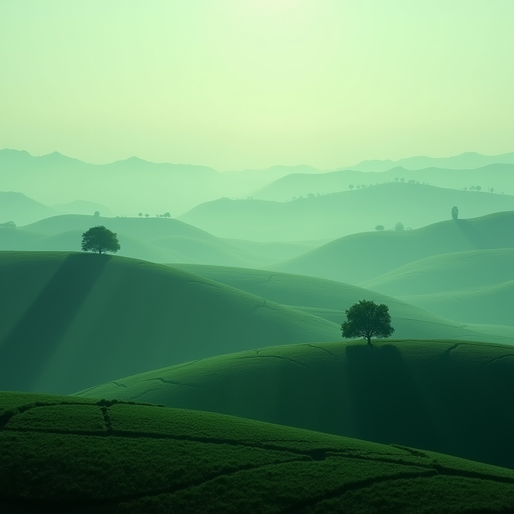 Rolling green hills with scattered trees under a peaceful sky.