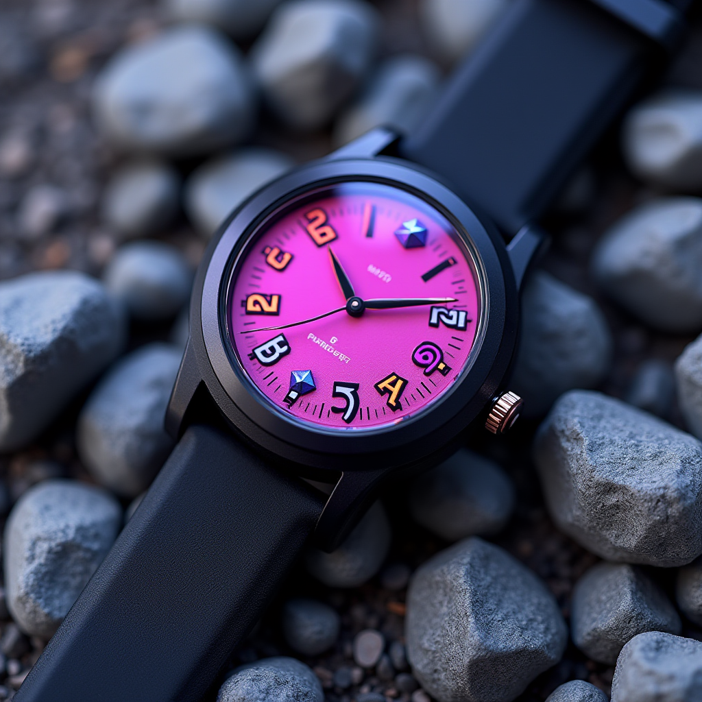 The image showcases a wristwatch with a bright pink dial, making it stand out. The watch face features playful, multi-colored numbers in a vibrant array, including orange, blue, and purple, giving it a whimsical and modern appearance. The watch case and strap are a sleek black, adding contrast and a touch of elegance. Intricately placed on a surface of smooth, grey pebbles, the watch embodies a blend of artistic design and outdoor aesthetic, suggesting themes of time and nature.