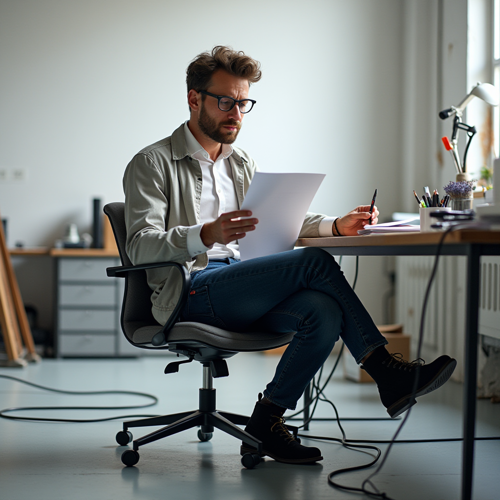 A person with glasses is reading a document in a modern office setting.