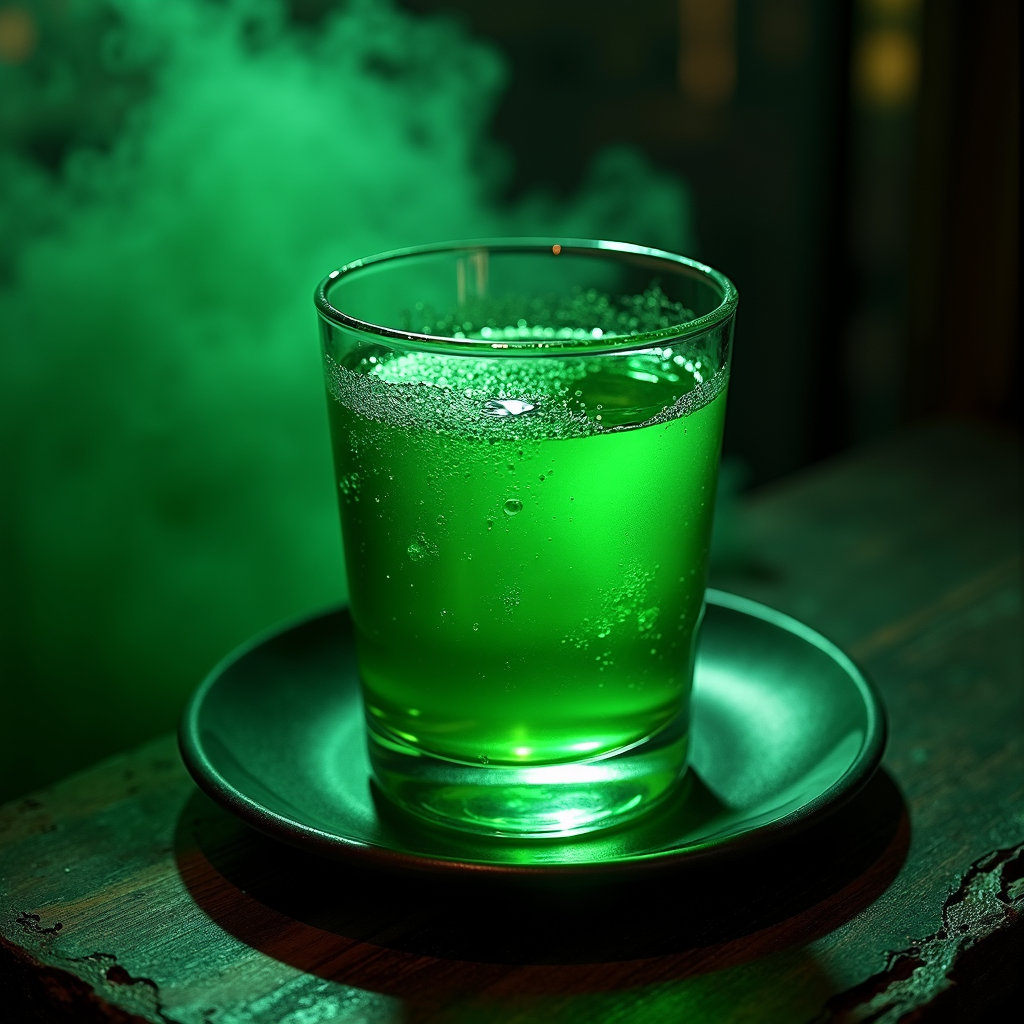 A luminous green beverage in a glass surrounded by a mysterious green fog.