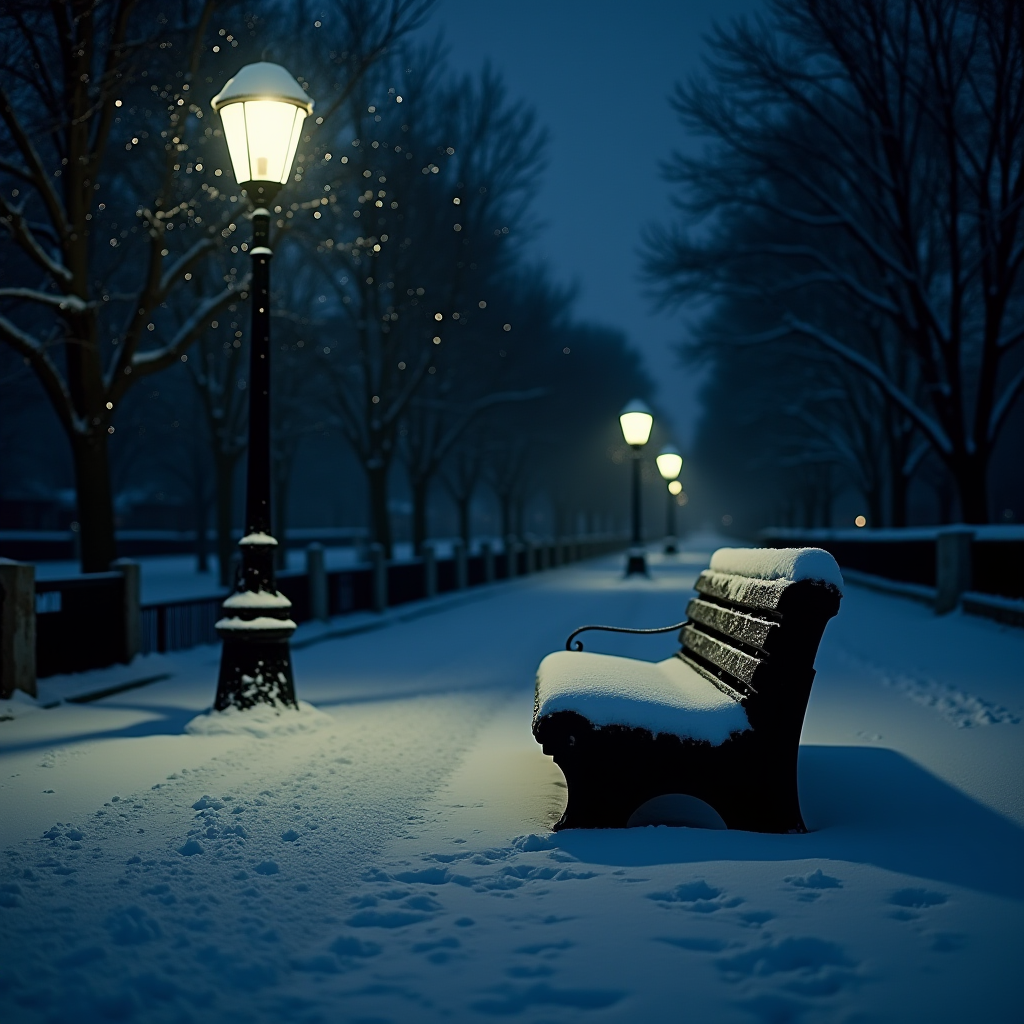 A snow-covered park bench under glowing streetlights on a quiet winter night.