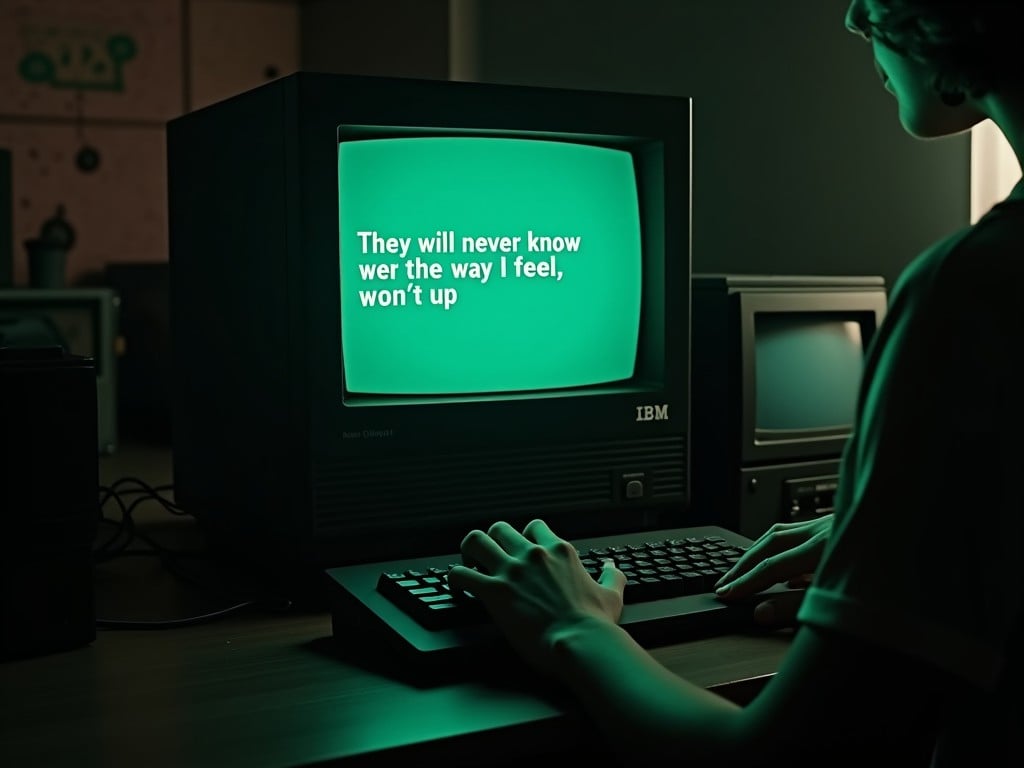 The image features a vintage IBM monochrome monitor with a bright green screen displaying a poignant message. A person is seated in front of the computer, typing, with their hands in focus. The screen prominently features the text: 'They will never know the way I feel, won’t give up.' The setting has a nostalgic feel, complemented by soft ambient lighting. The color scheme is primarily black and green, reflecting the design of classic computer setups. This scene evokes a sense of emotion and connection to past technology. It reflects the unique blend of nostalgia and modernity, appealing to those interested in retro aesthetics.