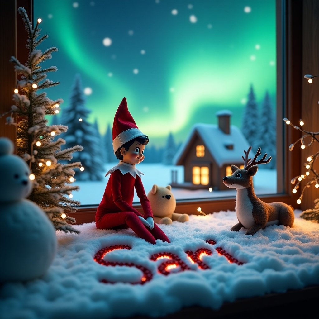 This enchanting scene illustrates an Elf on the Shelf named Sári, surrounded by a magical winter landscape. The elf is seated on a bed of snow, where the name 'Sári' is written. In the background, a cozy Santa's cottage glows warmly, while the vibrant northern lights dance in the sky. The scene features a cute reindeer and a small creature, adding charm to the festive atmosphere. Twinkling lights on nearby trees enhance the holiday spirit, making this a perfect illustration for Christmas-themed content.