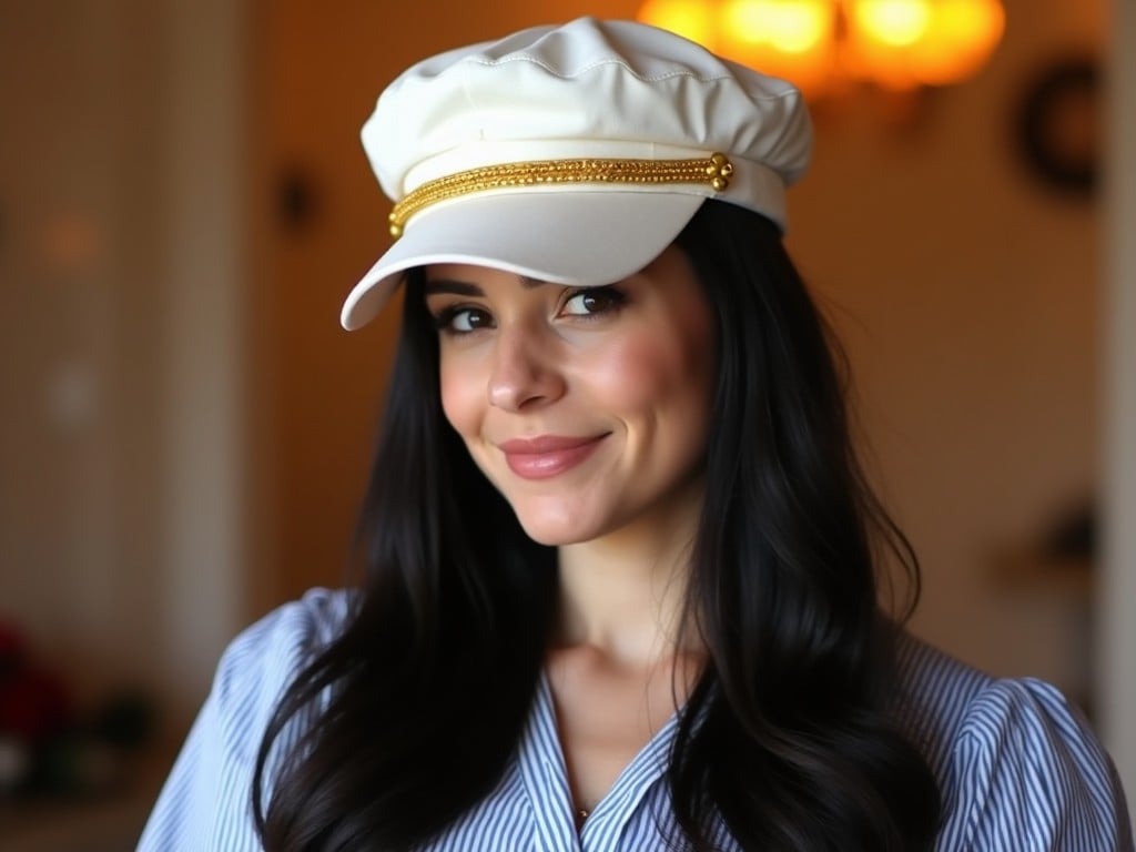 a young woman wearing a white cap with a gold chain, smiling indoors with warm lighting