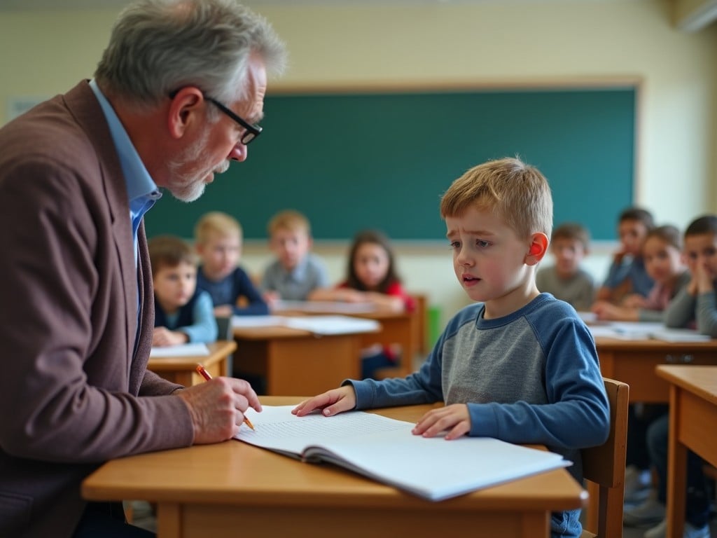 A student is standing at the front of a classroom, looking concerned as he talks to his teacher about his homework. The teacher, with gray hair and glasses, leans in closely, asking about the homework notebook that the student has not completed. In the background, other students are silently observing the conversation. The classroom is brightly lit and organized, filled with wooden desks and a chalkboard. The scene captures a common educational moment of accountability and concern.