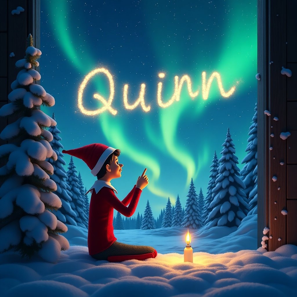 An enchanting winter scene featuring an elf on the shelf. A child is seated on the snow-covered ground, engrossed in writing the name 'Quinn' in the sky. The background is vibrant with the mesmerizing northern lights shimmering overhead. Soft snow blankets the ground, and a flickering candle adds warmth to the chilly evening. Tall pine trees frame the scene, creating a magical and festive atmosphere.