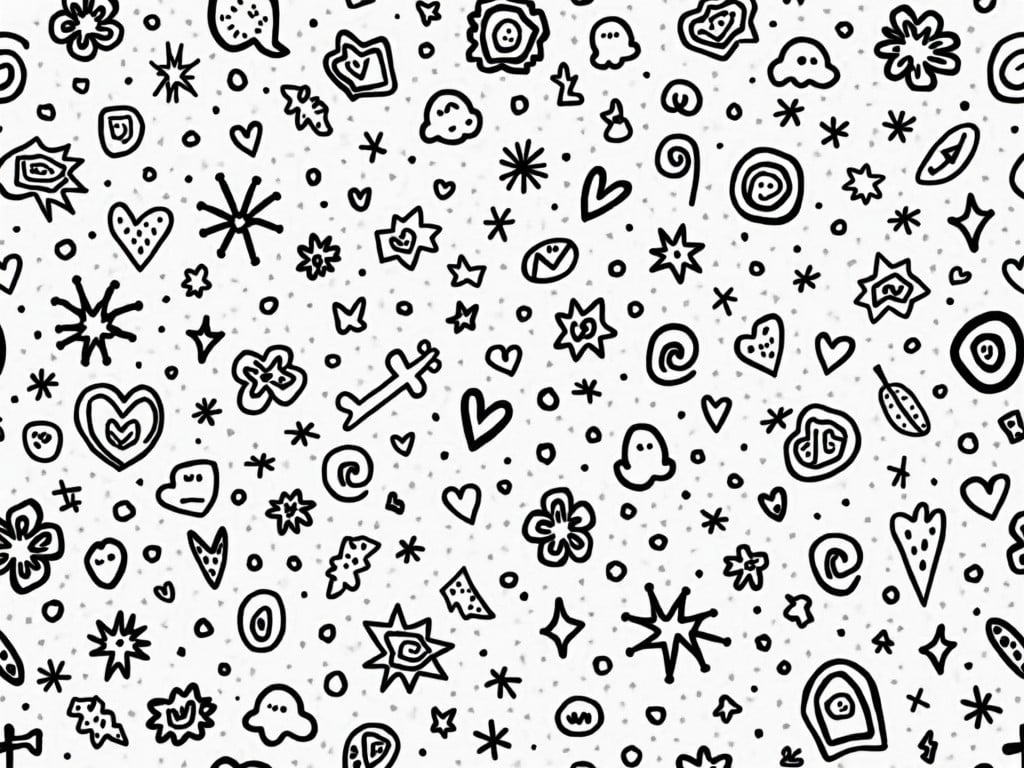 A black and white doodle pattern featuring hearts, stars, and abstract shapes, arranged randomly across the canvas.