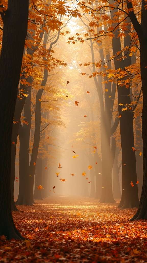 A serene autumn forest scene with golden leaves gently falling in the sunlight.