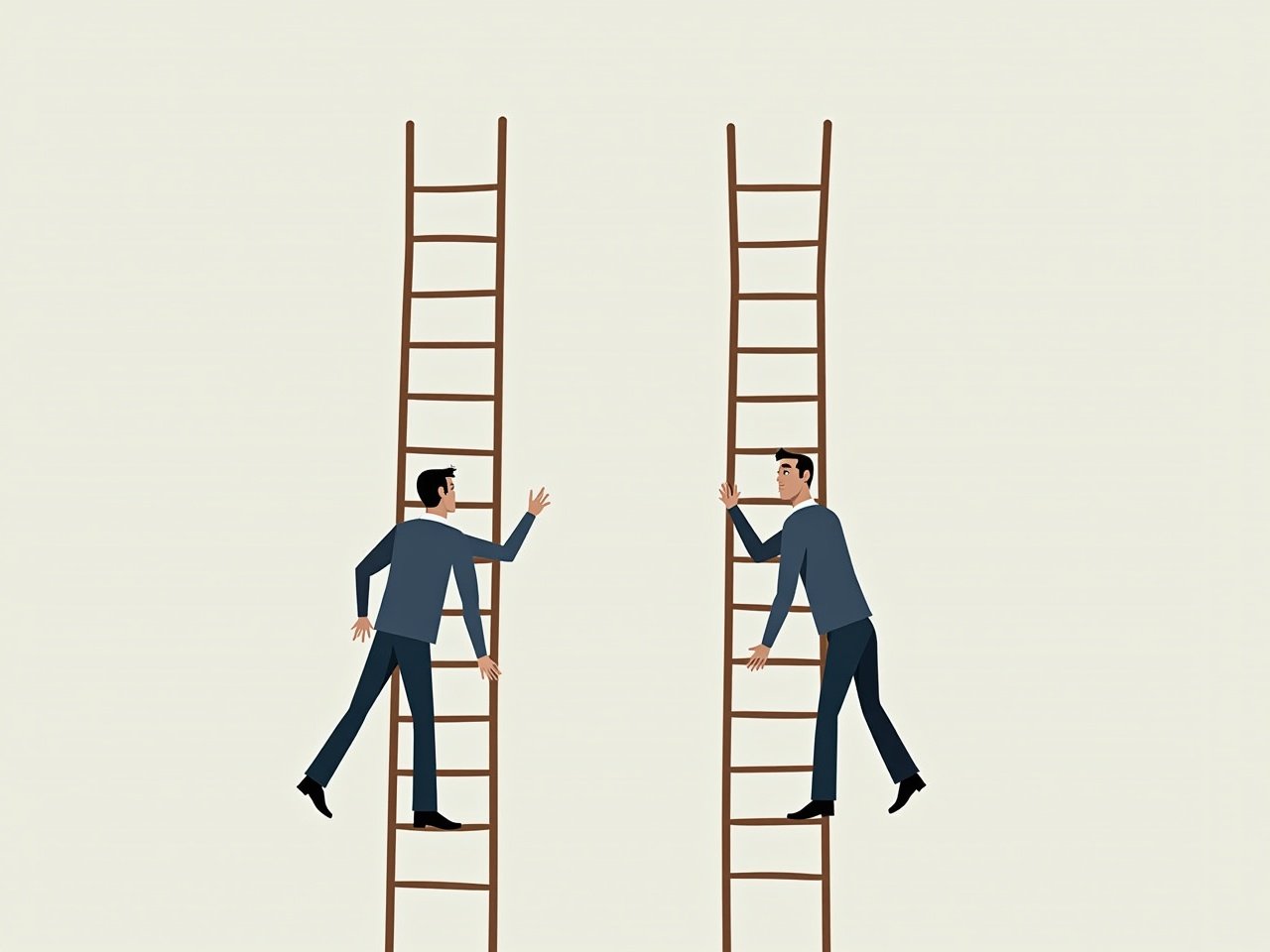 In this illustration, two businesspeople climb parallel wooden ladders of equal height, each representing their career paths. The ladder on the left has rungs that are spaced too far apart, indicating a struggle and difficulty to ascend. The person on this ladder appears to be struggling to reach the next rung. In contrast, the ladder on the right has rungs positioned closely together, allowing the person to climb effortlessly. This visual metaphor highlights the differences in career advancement opportunities and support. The background is a soft beige, ensuring the focus remains on the characters and their ladders.