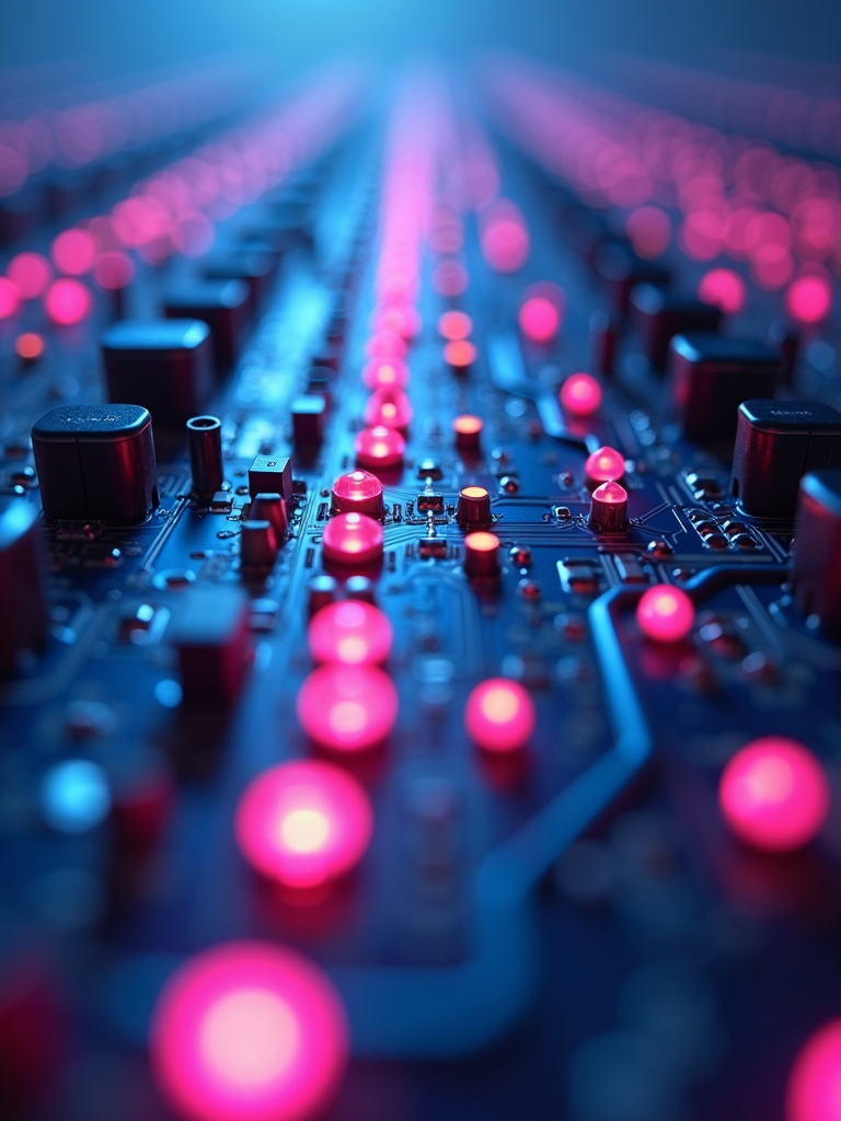 A futuristic circuit board with glowing pink and blue LEDs creating a mesmerizing depth of field effect.