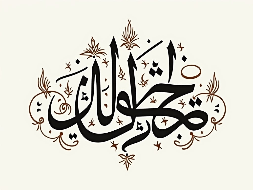 This image features the name حسين فواز beautifully rendered in Arabic calligraphy. The style embraces traditional elements while incorporating modern twists. The design includes decorative motifs around the main text, enhancing its visual appeal. The color palette is a soothing combination of beige, brown, and black, providing a warm background. This artwork would be suitable for various decorative uses, including wall art and cultural merchandise.